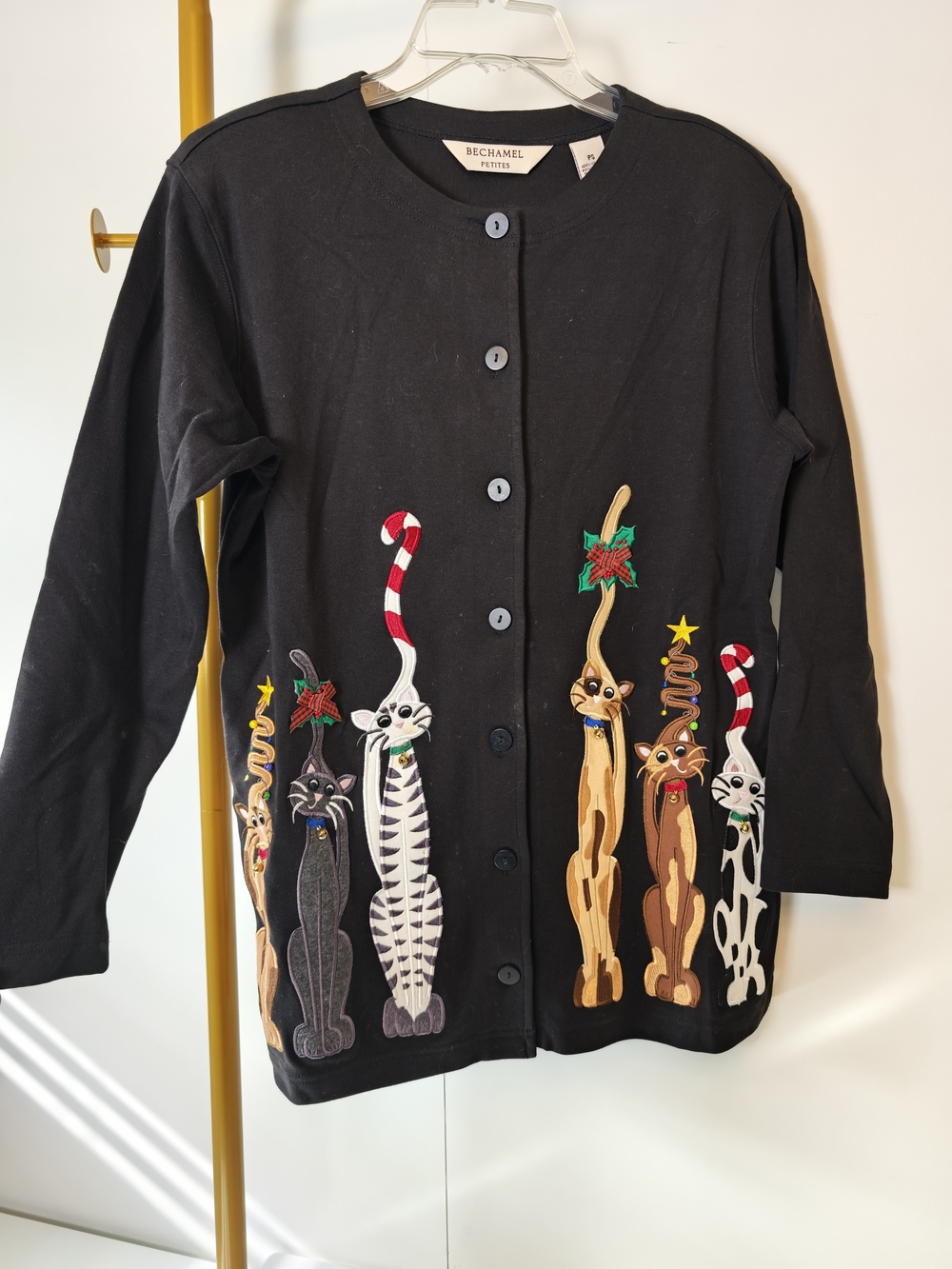 Bechamel Petites Black Holiday Cat Applique Cardigan Sweater Womens PS